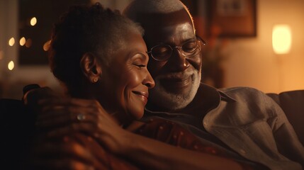 Obraz premium Loving portrait of happy senior black couple hugging home, enjoying tranquil evening, celebrating enduring love, neural