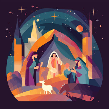 Jesus nativity scene abstract, watercolor, and vector illustrations