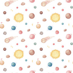 Space Background for Kids. Watercolor Seamless Pattern with Cartoon, Planets, Stars, Comets and Meteorites.