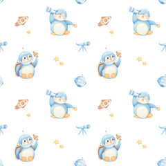 Watercolor Seamless Pattern with cute Penguin, stars, ships and constellations. Space Background for Kids. Galaxy design