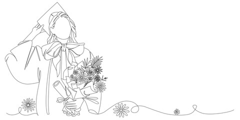 Line art vector illustration of a graduation girl with a bouquet of flowers, graduation line art style vector illustration