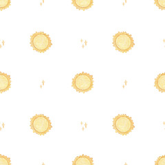 Watercolor Seamless Pattern with hand drawn Sun and stars. Space Background for Kids. Galaxy design