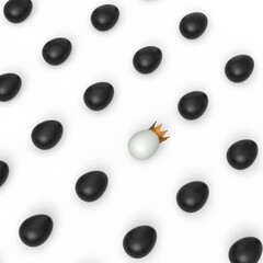 Pattern from black chicken eggs and unique white egg in gold royal king crown