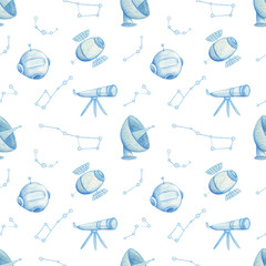 Stylized watercolor seamless pattern with blue constellations and satellites on white background