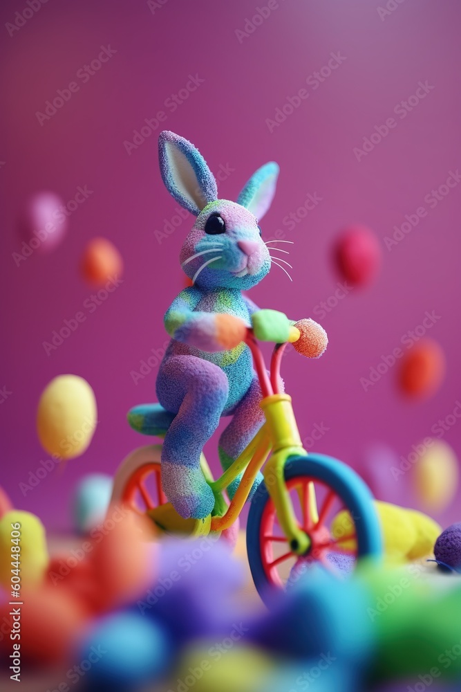 Poster a stuffed rabbit riding a bicycle in front of a variety of colored balls generative ai