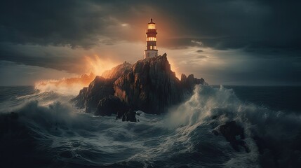 Marine background, iron lighthouse in a stormy night, shining its light through darkness, neural