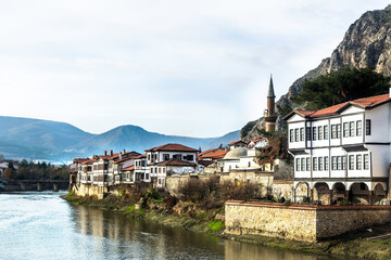 River scenes of old traditional Ottoman houses in Amasya, Turkey