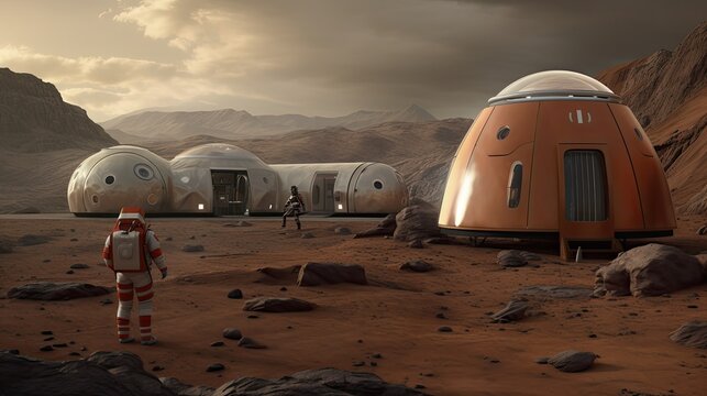 Futuristic depiction of life on Mars, potential for human colonization and the challenges of living on the red planet