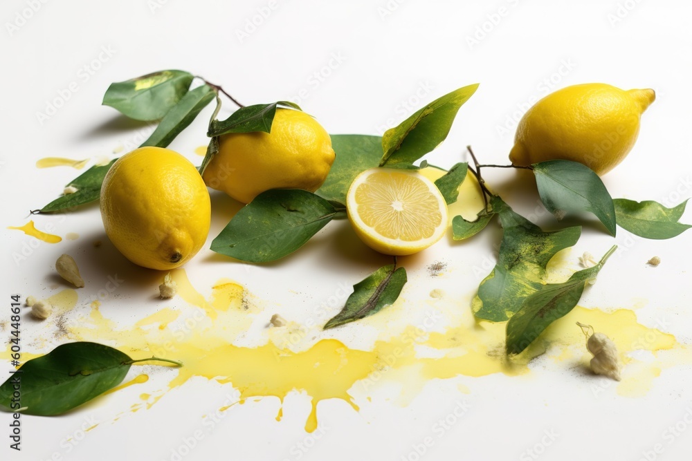 Poster a collection of lemons resting on a table that's white in color. generative ai