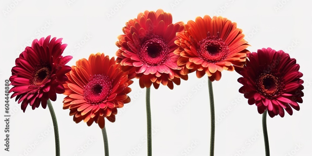 Poster a collection of flowers in red and orange on a backdrop of white generative ai