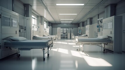 Inside view of a modern hospital ward, hyper-detailed and photorealistic, an AI-driven