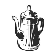 Old porcelain teapot.  Hand drawn ink illustration. Black and white ink sketch outline vector. 