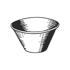 Hand drawn ink illustration of deep bowl. Black and white ink sketch outline vector.  