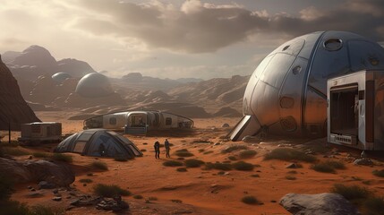 Mars cityscape with red earth and futuristic capsules for living, AI generated
