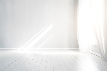 Minimalistic Empty Sunny White Interior with Blank Wall. AI generative. Bright Warm Tones, Advertising Mock Up.