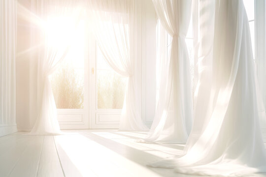Minimalistic White Interior with Sunny Windows and Curtains. AI generative. Bright Warm Tones, Bridal Mock Up.
