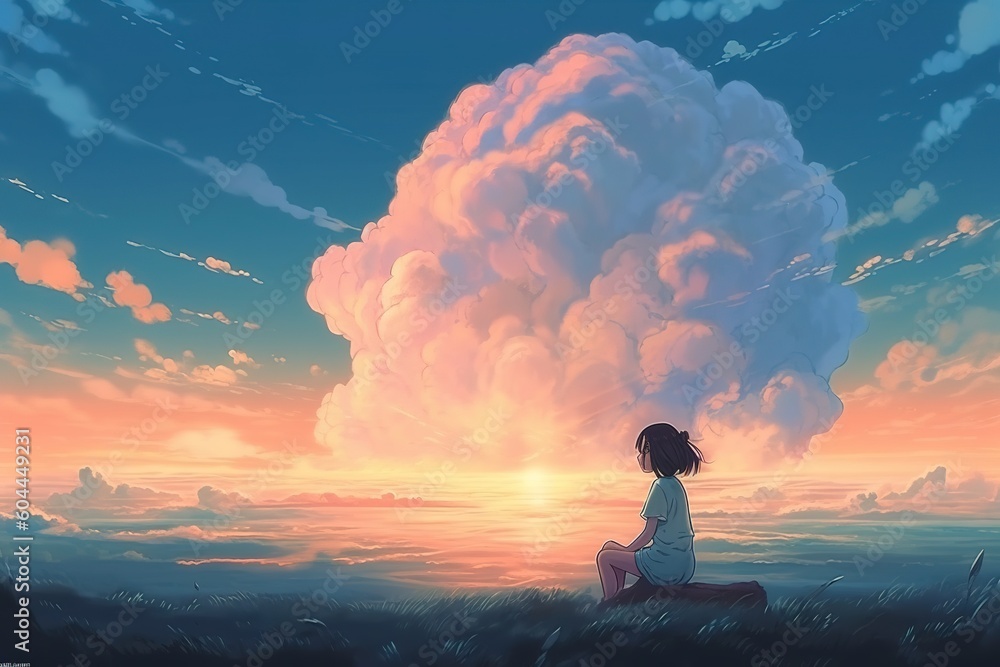 Poster a guy lounging on top of a hill as a cloud floats over them generative ai