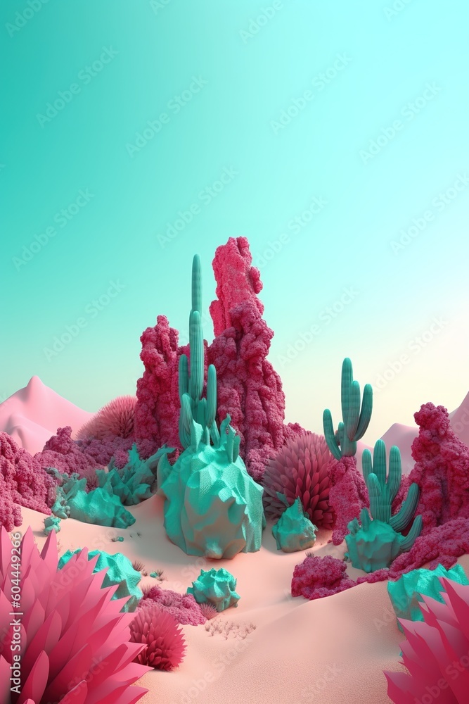 Poster an illustration produced by a computer showing a scene in the desert generative ai