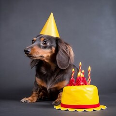 A cute Dachshund dog celebrating a birthday, wearing a birthday hat. Generative AI. 