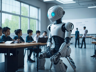 Robot in class, working with child, working with students, classroom, learning, future learning, robot learning, machine learning, generative ai