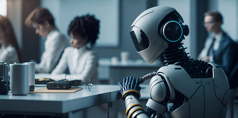 Robot in class, working with students, classroom, learning, future learning, robot learning, machine learning, generative ai - obrazy, fototapety, plakaty