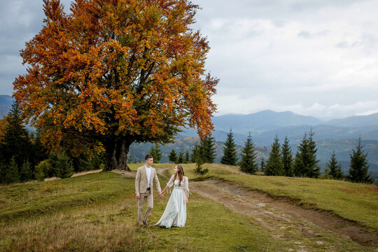 A married couple walks among the mountains, the bride leads the groom behind her, the girl holds the boy's hand, smiles, the woman in a white wedding dress, the groom and a beige suit
