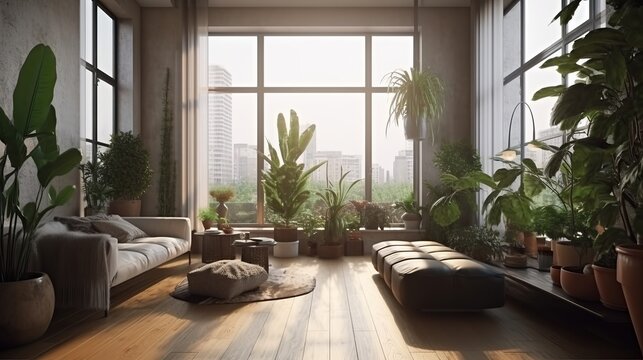 Nature-inspired living room design with huge windows, an array of plants, natural materials, neural