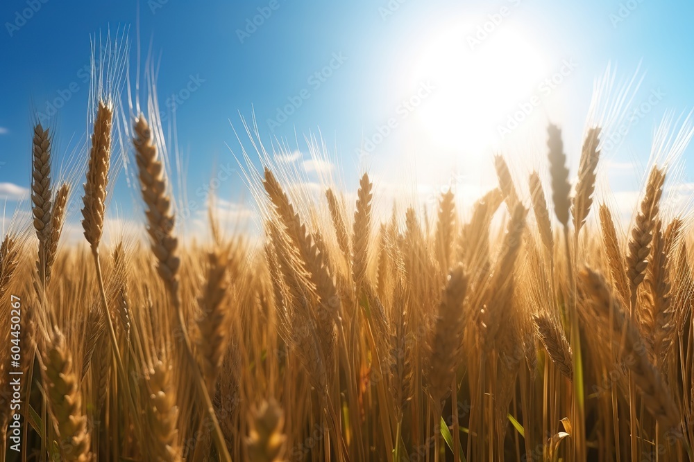 Poster a wheat field with the sun illuminating the scene in the backdrop generative ai