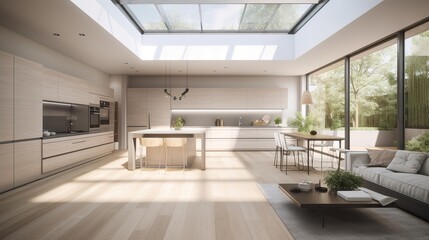 Sustainable living room and kitchen interior design with floor-to-ceiling windows, daylight, natural materials, neural