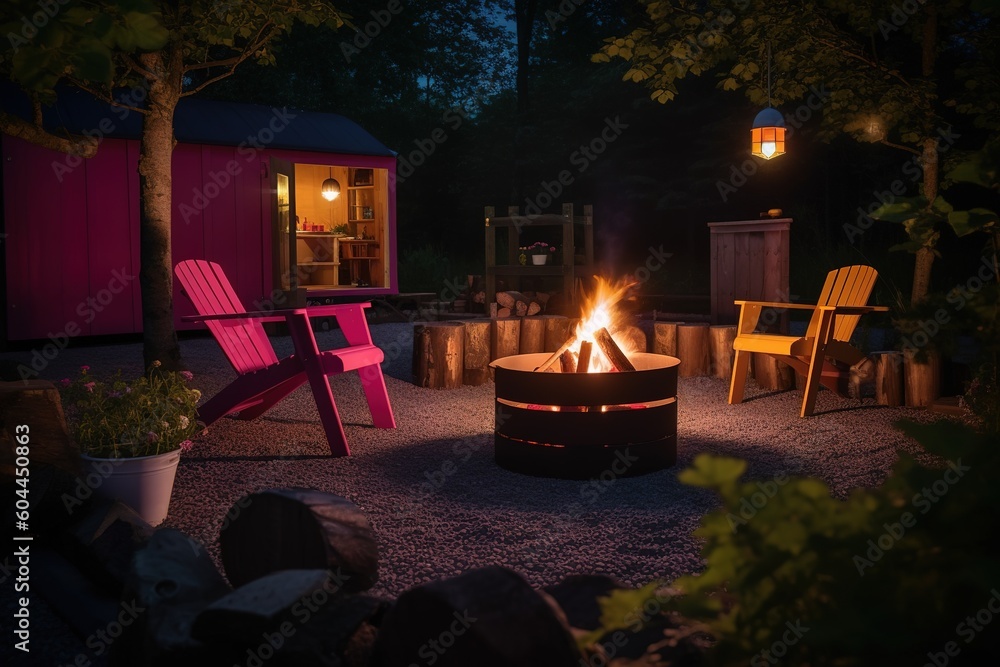 Poster a nighttime fire pit with seating arranged around it generative ai