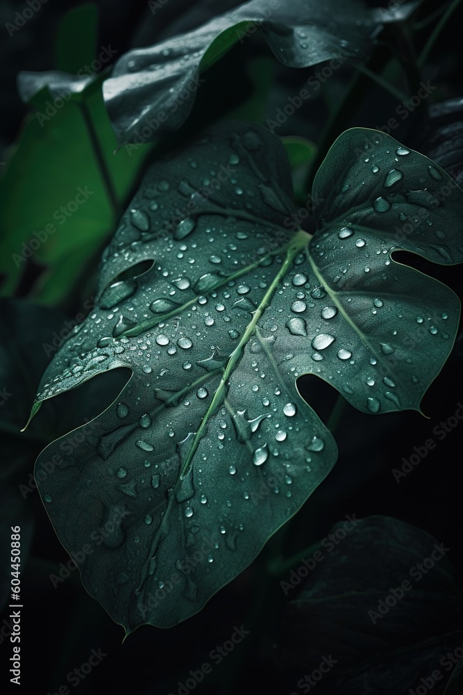 Poster a single leaf that is green in color and has water droplets on it generative ai