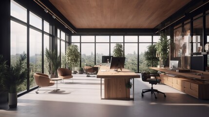AI-enhanced, neural representation of modern open-space office with wooden furniture, contemporary workspace aesthetic