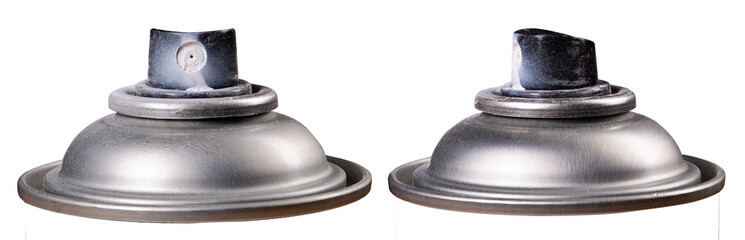 Pressurized paint can nozzle. Spray can for painting. Isolated background.