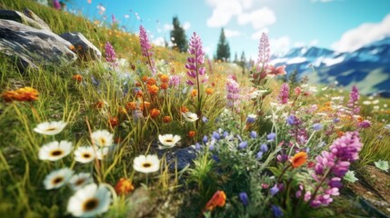Wildflowers growing in an alpine meadow. Generative AI - obrazy, fototapety, plakaty