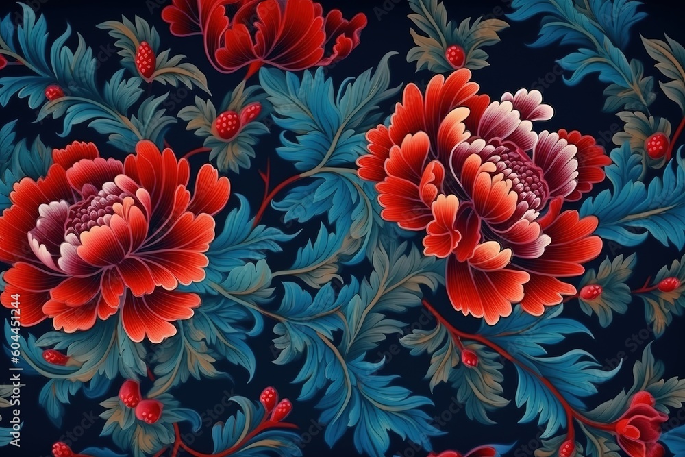 Poster wallpaper with a blue and red flowery pattern that features red flowers generative ai