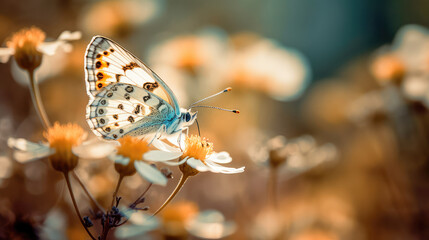 Obraz premium Close-up of a butterfly on a flower, a butterfly on a flower in the garden, a blurred background of a flower with a butterfly. A sense of beauty is created. Generative AI