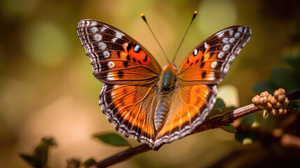 Obraz premium Close-up of a butterfly on a flower, a butterfly on a flower in the garden, a blurred background of a flower with a butterfly. A sense of beauty is created. Generative AI