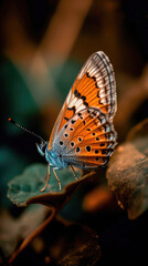 Obraz premium Close-up of a butterfly on a flower, a butterfly on a flower in the garden, a blurred background of a flower with a butterfly. A sense of beauty is created. Generative AI