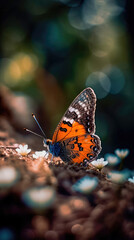 Close-up of a butterfly on a flower, a butterfly on a flower in the garden, a blurred background of a flower with a butterfly. A sense of beauty is created. Generative AI