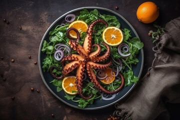 Obraz na płótnie Canvas Salad with octopus and citruses on a plate. Exquisite seafood dishes. Generative AI.