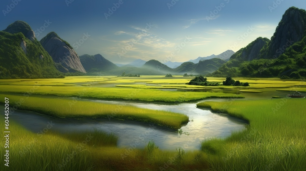 Poster an image depicting a river winding its way across a verdant landscape. generative ai