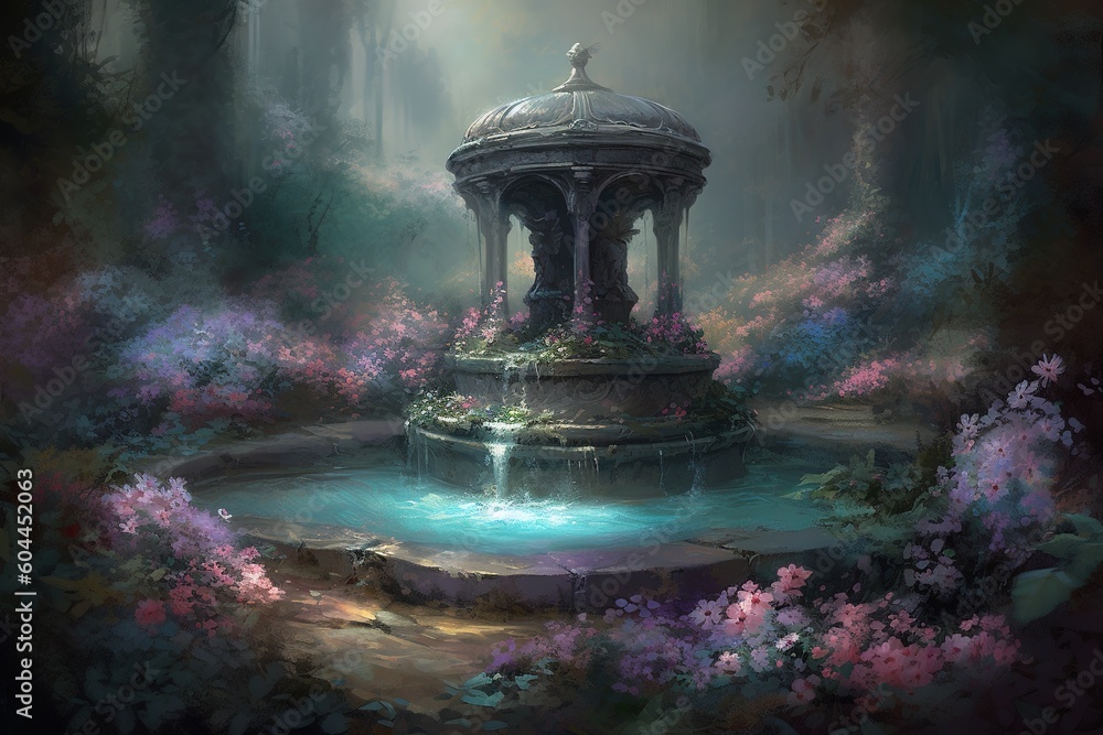 Poster a picture of a gazebo in the middle of a garden with flowers all around it generative ai