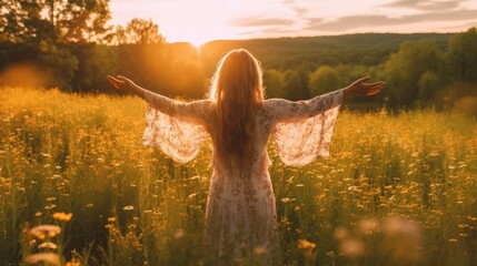 Sunset woman in a field - AI Generated