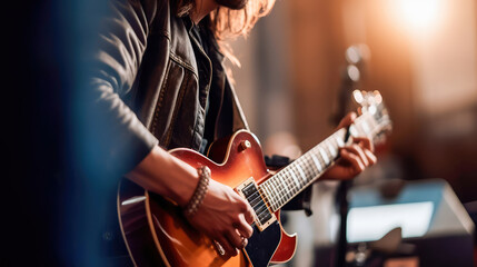 Obraz premium An illustration of a musician playing guitar with a blurry environment, creating a musical atmosphere. Generative AI