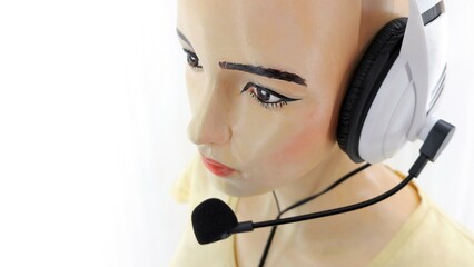 Girl mannequin in the image of a robot, in headphones with a microphone in a call center, answers calls, close-up, on a white background, symbolizes artificial intelligence