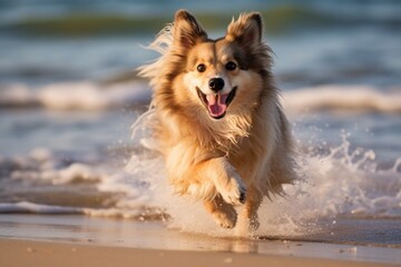 Naklejka na ściany i meble Puppy running and playing on the beach, AI art
