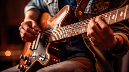 An illustration of a musician playing guitar with a blurry environment, creating a musical atmosphere. Generative AI