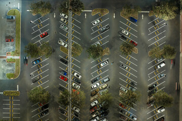 Aerial view of large parking lot at nighttime with many parked cars. Dark carpark at supercenter shopping mall with lines and markings for vehicle places and directions