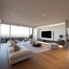 Fototapeta premium Living room with large glass windows and led lights by night. Ai generated.