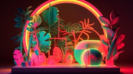 An abstract background with glowing neon arches and plants, combined with technology. Generative AI. 
